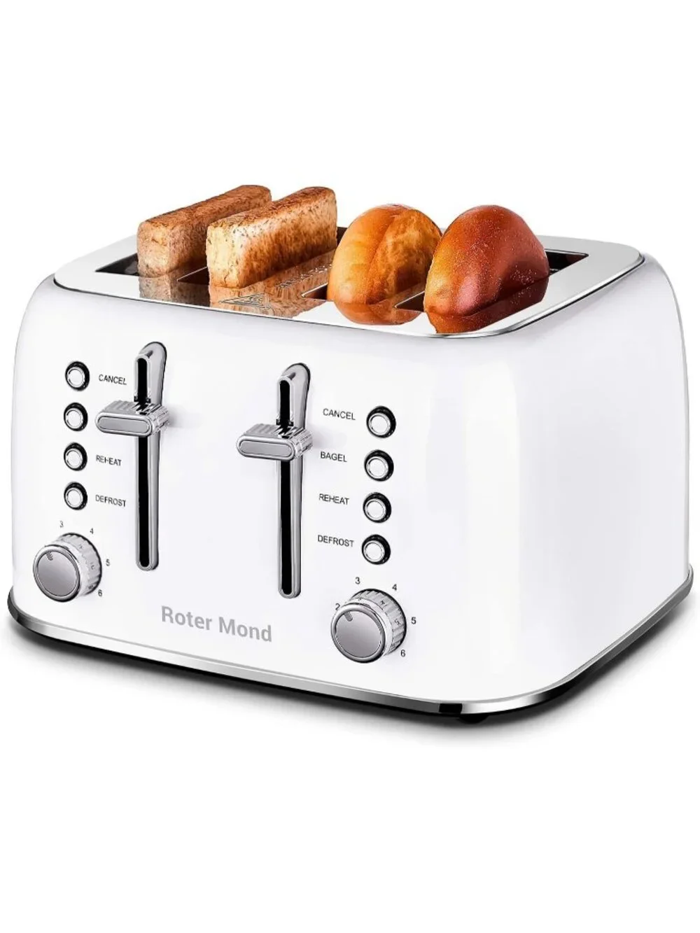 4 Slice White Retro Stainless Steel with Extra Wide Slots Bagel Defrost Toaster